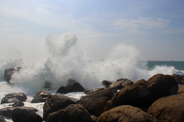 Dark rocks and beautiful palm trees in the sun at Jungle Beach, Unawatuna, Sri Lanka, blue sky with clouds, copy space for text