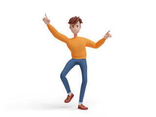 3D young positive man dancing with his index fingers up. Portrait of a funny cartoon guy in casual clothes, sweater and jeans. Minimalistic stylized character. 3D illustration on white background.