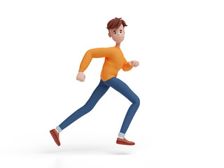 Fototapeta na wymiar 3D young positive man running. Portrait of a funny cartoon guy in casual clothes, sweater and jeans. Minimalistic stylized character. 3D illustration on white background.