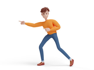 Fototapeta na wymiar 3D young positive man pointing in the direction. Portrait of a funny cartoon guy in casual clothes, sweater and jeans. Minimalistic stylized character. 3D illustration on white background.