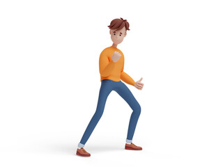 Fototapeta na wymiar 3D young positive man, victory gesture, clenched fist. Portrait of a funny cartoon guy in casual clothes, sweater and jeans. Minimalistic stylized character. 3D illustration on white background.
