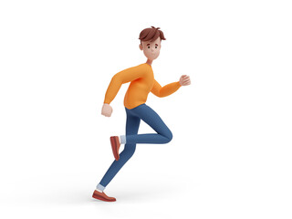 Fototapeta na wymiar 3D young positive man running. Portrait of a funny cartoon guy in casual clothes, sweater and jeans. Minimalistic stylized character. 3D illustration on white background.