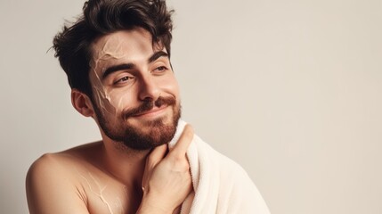 Fototapeta premium Portrait of Young handsome man applying cosmetic cream on his face. Skin care concept.Generative Ai