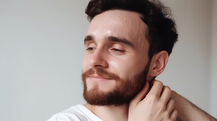 Portrait of Young handsome man applying cosmetic cream on his face. Skin care concept.Generative Ai