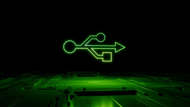Green Interface Technology Concept with usb symbol as a neon light. Vibrant colored icon, on a black background with high tech floor. 3D Render