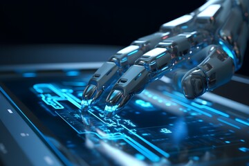 close up view of a robotic hand interacting with touch-screen, ai tools generated image