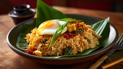 food photography of a fried rice with hot steam. in the fried rice. generative ai