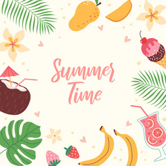 Obraz na płótnie Canvas Vector summer card with hand drawn tropical leaves, flowers, exotic fruits, ice cream, beach accessories. Modern template for poster, banner, social media post, cover, invitation.