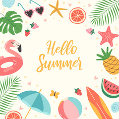 Vector summer card with hand drawn tropical leaves, flowers, exotic fruits, seashells, beach assecories. Modern template for poster, banner, social media post, cover, invitation.