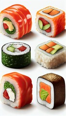 Vertical sushi maki rolls set isolated on white background. Asian food composition, close-up. Generative AI illustration