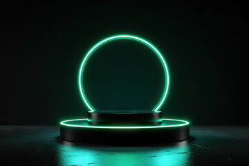 Grunge Street Pedestal with Green Neon Lights and Blank Display. created with Generative AI
