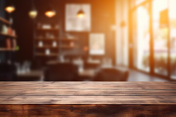 Vintage coffee shop interior with empty wooden table and blurred bokeh background. created with Generative AI