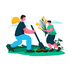 father and child gardening together Flat Illustration Minimalist Modern vector concepts for web page website development, mobile app