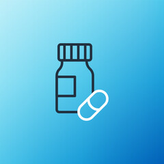 Line Medicine bottle and pills icon isolated on blue background. Bottle pill sign. Pharmacy design. Colorful outline concept. Vector