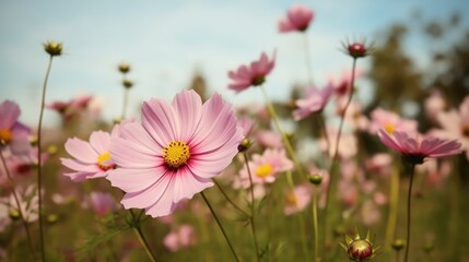 Cosmos flowers blooming in the garden. Beautiful cosmos flowers, Generative AI
