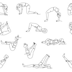 Fototapeta na wymiar Seamless pattern with single line drawings of yoga poses. Linear hand drawn asana doodles wallpaper on white background