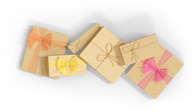 3D Render Top View Of Gift Boxes With Bows Flatlay