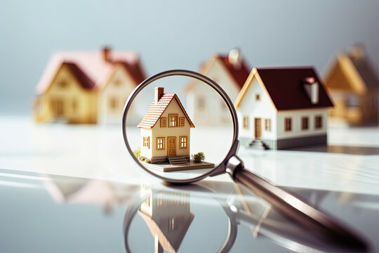Choice of real estate to buy and invest in. House searching concept with magnifying glass. Hunt for new house or home: real estate loan, mortgage and investments concept. Generative AI
