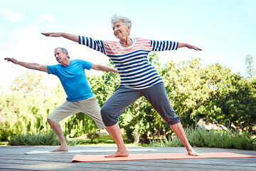 Nature, yoga and senior couple doing outdoor exercise, retirement workout or fitness performance. Wellness, freedom and elderly man, woman or people doing pilates pose, training or health balance