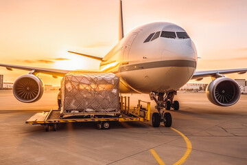 Loading cargo plane outside air freight logistic. Airmail shipping packages. Shipping boxes ready to be delivered. Generative AI - obrazy, fototapety, plakaty