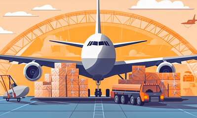 Loading cargo plane outside air freight logistic. Airmail shipping packages. Shipping boxes ready to be delivered. Generative AI