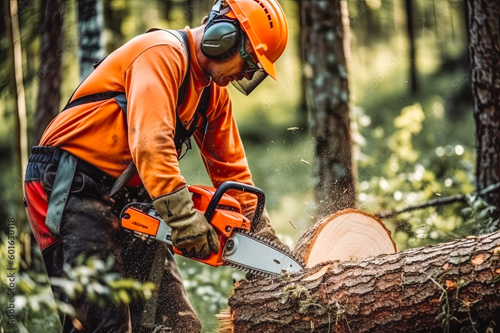 Sticker man uses a chainsaw to cut the tree. man cutting logs of wood in forest wearing protective glasses a