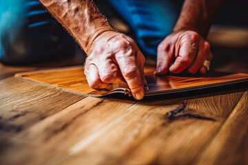 Worker hands installing timber laminate floor. Wooden flooring being put in house by professional wood worker. Generative AI