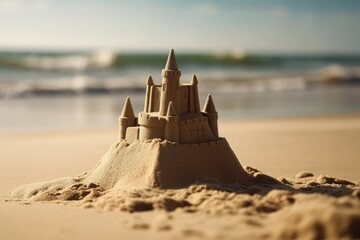 Amazing sand castle on tropical beach. Summer holiday concept. Generative AI