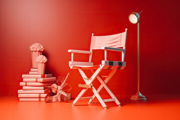 Cinema industry concept. Director or producer chair on orange background. Filming movies concept. Generative AI