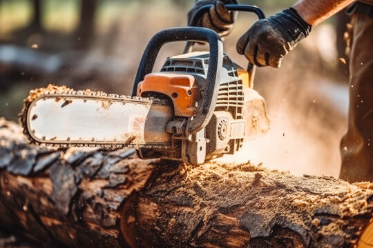 Close up of man using a chainsaw to cut the tree. Man cutting logs of wood in forest wearing protective glasses and helmet. Generative AI