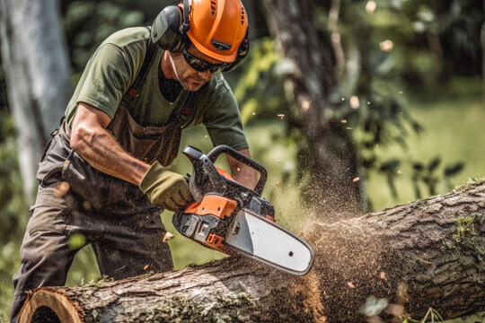 Man uses a chainsaw to cut the tree. Man cutting logs of wood in forest wearing protective glasses and helmet. Generative AI