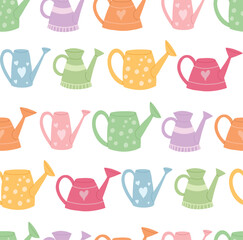 Seamless vector texture with colorful watering cans in a row on a white background. Child pattern with cute garden tools.