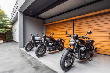 Modern garage doors with carport motorcycle parked in the driveway. Motorcycle in front of house. Generative AI