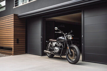 Obraz premium Modern garage doors with carport motorcycle parked in the driveway. Motorcycle in front of house. Generative AI