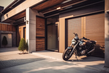 Naklejka premium Modern garage doors with carport motorcycle parked in the driveway. Motorcycle in front of house. Generative AI