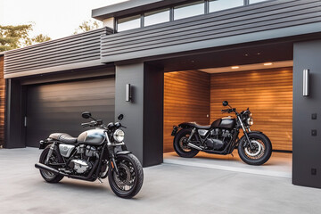 Modern garage doors with carport motorcycle parked in the driveway. Motorcycle in front of house. Generative AI - obrazy, fototapety, plakaty