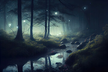Dark night with glowing lights in fantasy forest (Generative AI)