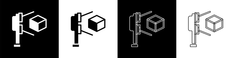 Set 3D scanner with cube projection icon isolated on black and white background. Vector