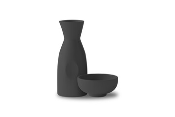 Japanese sake oriental drink style on the white background. Black Sake bottle and a cup mockup isolated. 3d rendering.