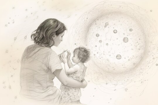 Mother and Child Bond. happy mothers day celebration .illustration. line drawing. Generative AI
