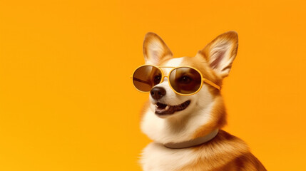 Funny welsh corgi dog in cook sunglasses ready for vacation in hot sunny country, yellow background, copy space. Generative AI.