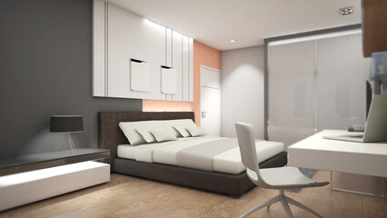 Fototapeta na wymiar wooden floor and wardrobe in a contemporary bedroom.,3d rendering