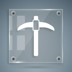 White Pickaxe icon isolated on grey background. Square glass panels. Vector