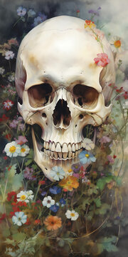 A beautiful painting of flowers surrounding a human skull. Generative Ai.