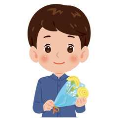 黄色いカーネーションの花束を持った男性