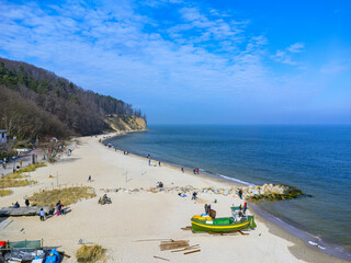 Fototapeta na wymiar Aerial view landscape Poland Gdynia Orłowo. View of the Baltic sea, beach and cliff. 