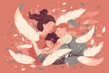 Mother and Child Bond. happy mothers day celebration .illustration. line drawing. Generative AI