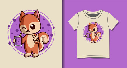 Cute Squirrel Drinking Smoothie Vector Cartoon Illustration for T-Shirt Design