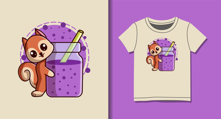 Cute Squirrel Drinking Smoothie Vector Cartoon Illustration for T-Shirt Design