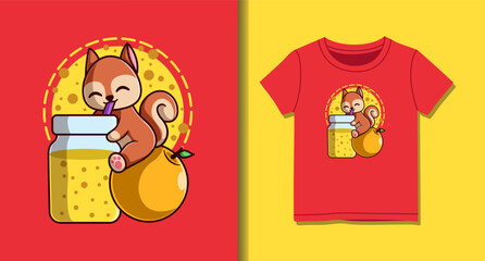 Cute Squirrel Drinking Smoothie Vector Cartoon Illustration for T-Shirt Design